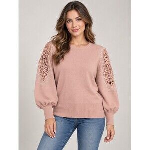 LIV Milano Women’s Blush Pink Lace Sleeve Rhinestone Embellished Sweater Size L